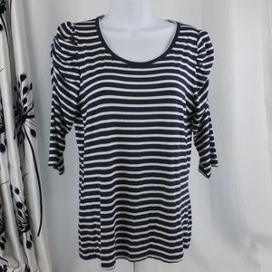 Navy & White Stripe Scoop Neck Rushed 3/4 Sleeves